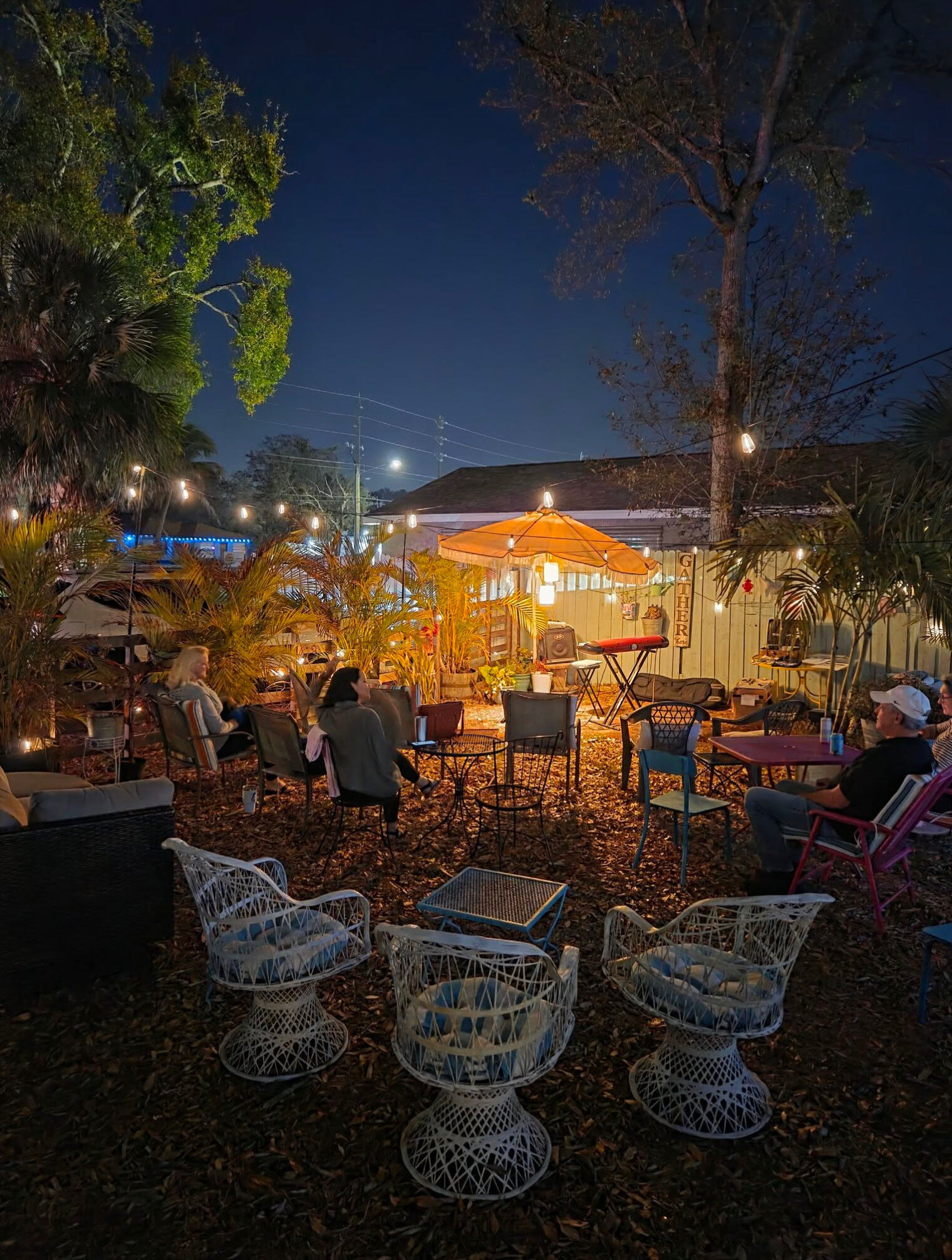 Guests enjoying live music at an outdoor concert in the garden